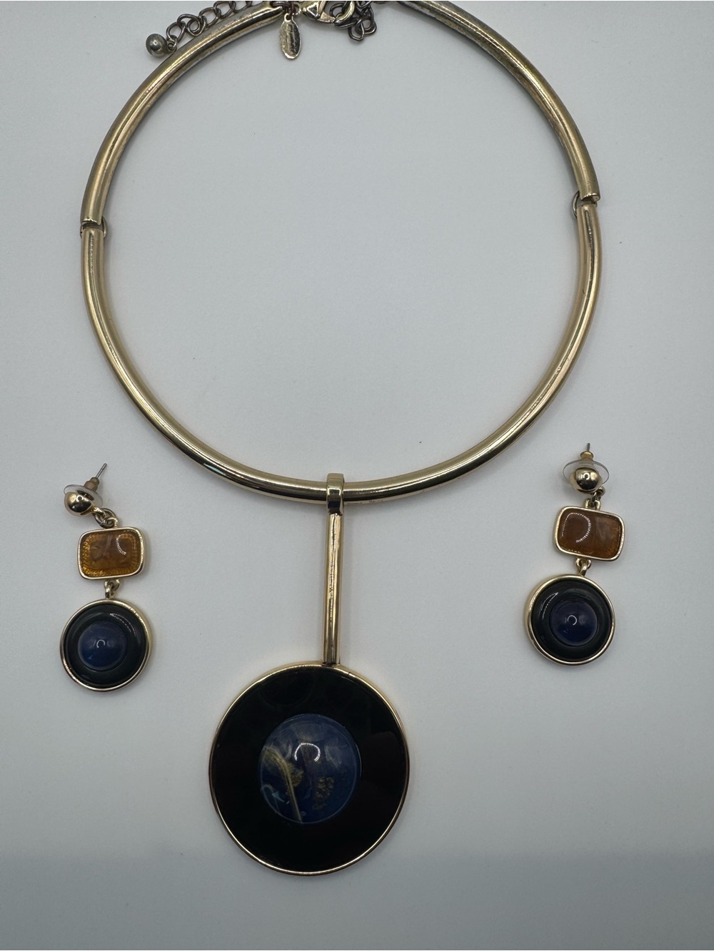 Chicos Gold Toned Necklace & Earring Set with Navy and Amber Accents - Picture 6 of 8